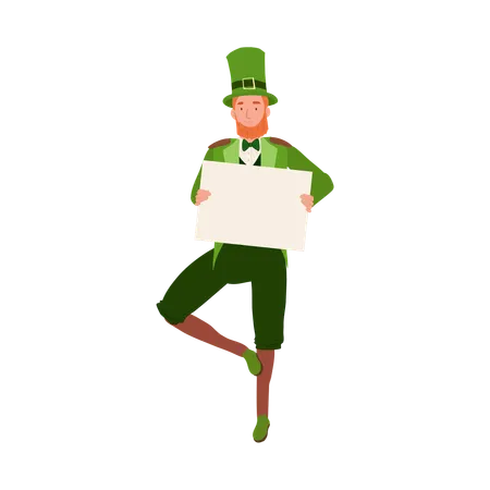 St Patricks Day Celebration Cheerful Man In Leprechaun Costume Holding Blank Sign Illustration
