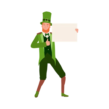 Cheerful Man in Leprechaun Costume holding blank sign  Illustration