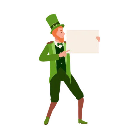 St Patricks Day Celebration Cheerful Man In Leprechaun Costume Holding Blank Sign Illustration