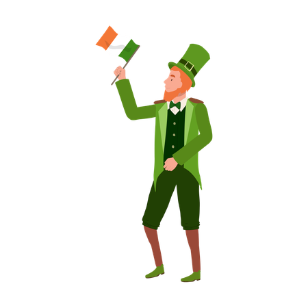 Cheerful Man in Leprechaun Costume holding Irish flag  イラスト