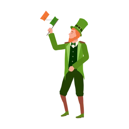 Cheerful Man in Leprechaun Costume holding Irish flag  イラスト