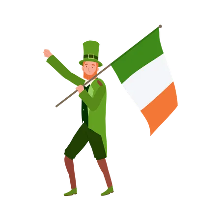 St Patricks Day Celebration Cheerful Man In Leprechaun Costume Holding Irish Flag Illustration