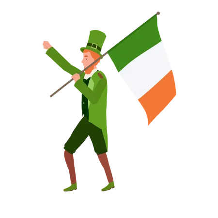 Cheerful Man in Leprechaun Costume holding Irish flag  Illustration