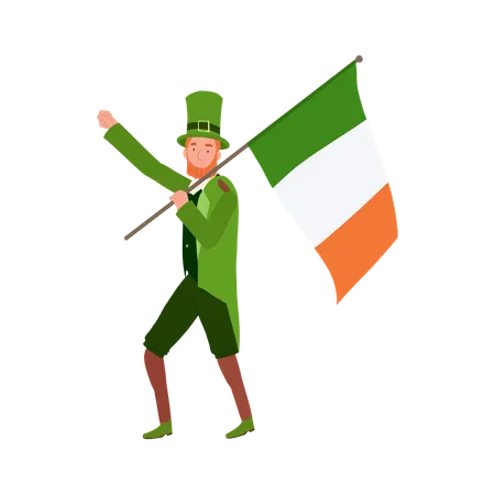 Cheerful Man in Leprechaun Costume holding Irish flag  Illustration