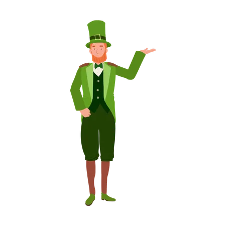 Cheerful Man in Leprechaun Costume Welcoming Festivities  イラスト