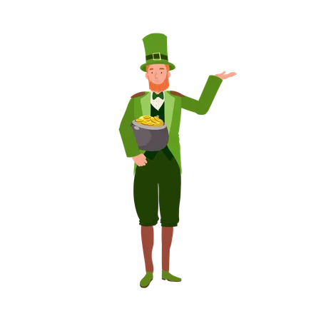 St Patricks Day Celebration Cheerful Man In Leprechaun Costume With Gold Pot Doing Welcome And Gesture Illustration