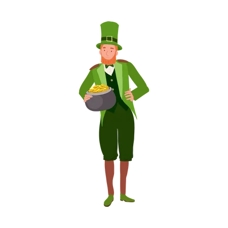 Cheerful Man in Leprechaun Costume with Gold Pot  Illustration