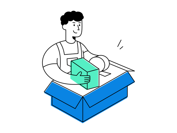 Cheerful man in uniform working on packing order into carton box  Illustration