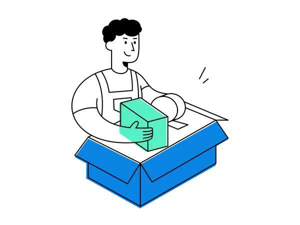 Cheerful man in uniform working on packing order into carton box  Illustration