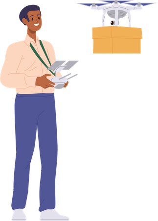 Cheerful man operating delivery drone remote control device carrying parcel box  イラスト