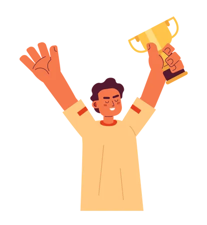 Cheerful Man Raising Golden Cup Semi Flat Color Vector Character Latin Boy Celebrate Victory Winning Editable Half Body Person On White Simple Cartoon Spot Illustration For Web Graphic Design Illustration