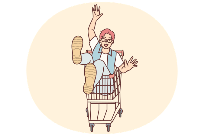 Cheerful man rides sitting in cart and supermarket after shopping and buying goods in store  Illustration