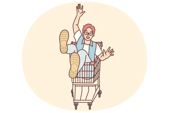 Cheerful man rides sitting in cart and supermarket after shopping and buying goods in store  Illustration