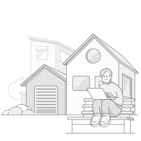 Cheerful Man Sitting in Front of house  イラスト