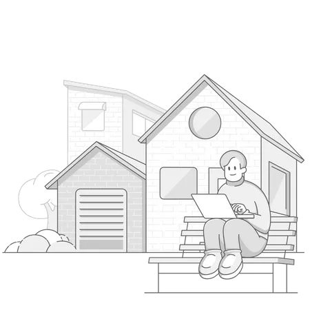 Cheerful Man Sitting in Front of house  Illustration