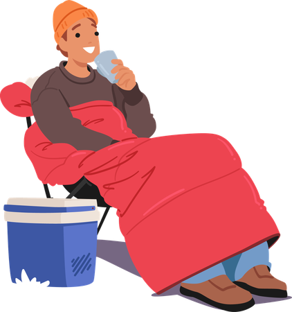 Cheerful man sitting in sleeping bag  Illustration