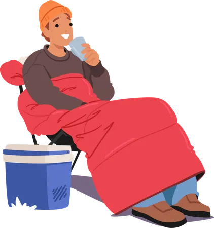 Cheerful man sitting in sleeping bag  Illustration