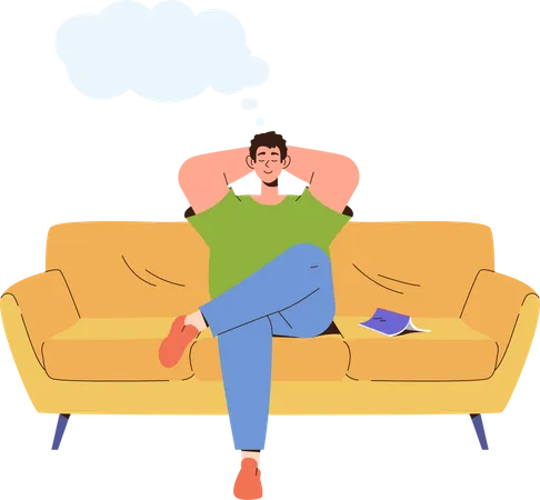 Cheerful man sitting on sofa couch and dreaming about happy future life  Illustration