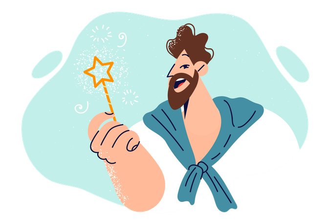 Cheerful man with magic card in hand encourages to make wishes and believe in miracles  Illustration