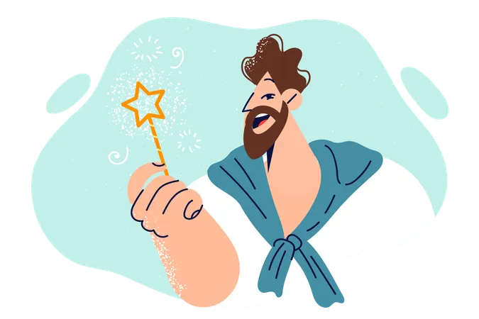 Cheerful Man With Magic Card In Hand Encourages To Make Wishes And Believe In Miracles Guy With Fairy Magic Wand Smiles Wanting To Create Magical Miracle And Get Into Fairy Tale Illustration