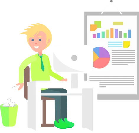 Cheerful Man Working In Office Vector Illustration Young Boy In Green Shirt And Shoes Sitting By White Table With Computer Big Chart With Statistics Illustration