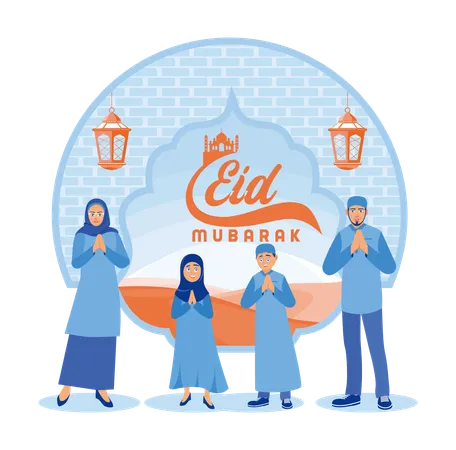 Cheerful Muslim family celebrates Eid al Fitr together  Illustration