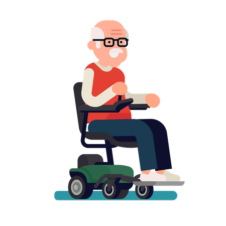 Cheerful old man riding an electric powered wheelchair  Illustration