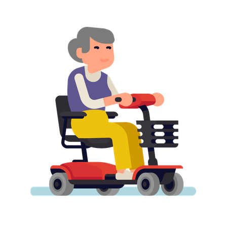 Cheerful old woman riding an electric powered wheelchair  Illustration