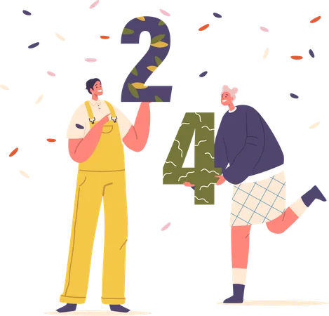 Cheerful Excited Male And Female Characters Holding Giant Colorful Numbers 24 Signifying Hope And Anticipation For The Upcoming Year Cartoon People Celebrate Party Vector Illustration Illustration
