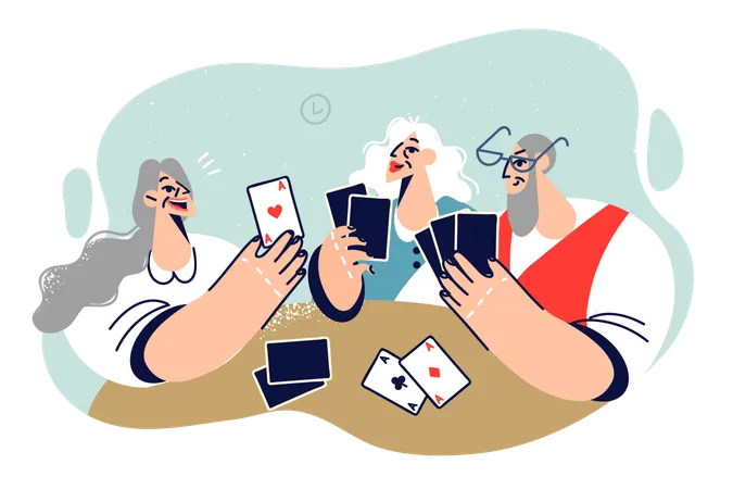 Cheerful Elderly People Play Cards Enjoying Gambling Entertainment In Company Of Friends From Nursing Home Or Hospice Happy Old Women And Man Playing Cards Having Fun After Retirement Illustration
