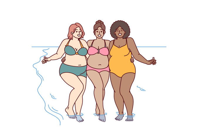 Cheerful plus size women dressed in swimsuit stand hugging on sunny beach near sea water  イラスト