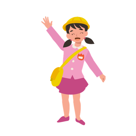 Cheerful Preschool Girl in Traditional Japanese Uniform Showing Goodbye Gesture  Illustration