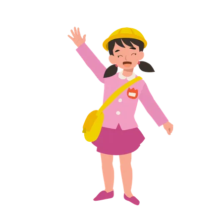 Cheerful Preschool Girl in Traditional Japanese Uniform Showing Goodbye Gesture  Illustration