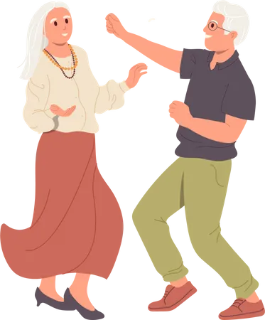Cheerful retirees senior man and woman dancing moving and shaking body feeling good Illustration