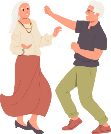 Cheerful retirees senior man and woman dancing moving and shaking body feeling good  Illustration