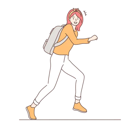 Education Holiday Joy Happiness Motion Concept Young Happy Smiling Cheerful Schoolgirl Child Student Cartoon Character With Backpack Running Home After College Classes Excitement About Weekend Illustration