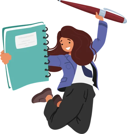 Cheerful Schoolgirl Jumping Clutching A Colossal Notebook And Pen Ready To Conquer The Academic World With Determination And A Thirst For Knowledge Cartoon Vector Illustration Illustration