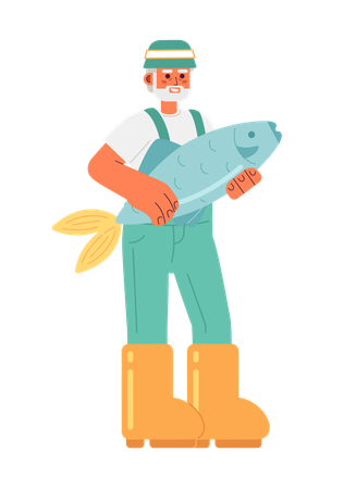 Cheerful senior man in hat catching fish  Illustration