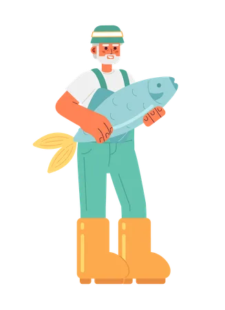 Cheerful Senior Man In Hat Catch Fish Semi Flat Color Vector Character Editable Full Body Fisherman In Boots And Costume On White Simple Cartoon Spot Illustration For Web Graphic Design Illustration