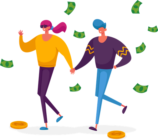 Cheerful Shopaholic Couple with Money Bills Make Purchases and Buy Gifts Illustration