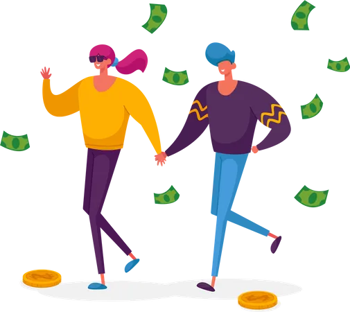 Cheerful Shopaholic Couple Characters With Money Bills Make Purchases And Buy Gifts Happy Buyers Have Fun Doing Shopping Seasonal Sale Discount Coupon Offer Cartoon People Vector Illustration Illustration