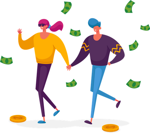 Cheerful Shopaholic Couple with Money Bills Make Purchases and Buy Gifts  Illustration