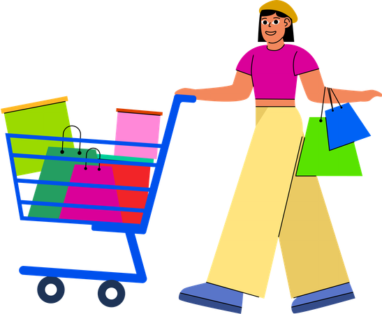 Cheerful shopper pushing a cart filled with colorful bags  Illustration