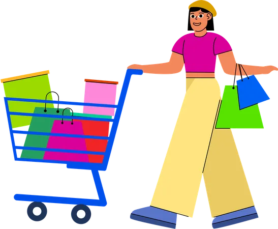 Cheerful shopper pushing a cart filled with colorful bags  Illustration