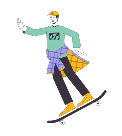 Cheerful Skater Flat Line Color Vector Character Editable Outline Full Body Man Rides On Skateboard On White Simple Cartoon Spot Illustration For Web Graphic Design Illustration