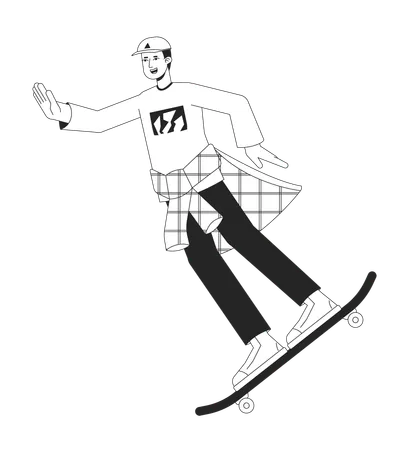 Cheerful Skater Flat Line Black White Vector Character Editable Outline Full Body Man Rides On Skateboard Simple Cartoon Isolated Spot Illustration For Web Graphic Design Illustration