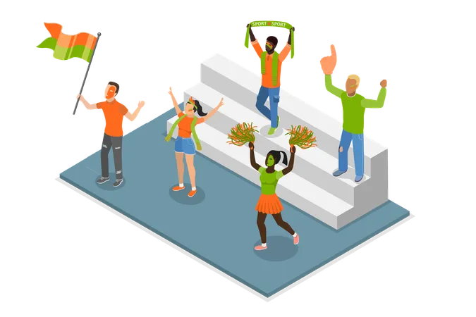 3 D Isometric Flat Vector Illustration Of Cheerful Soccer Fans Sport Game Supporters Illustration