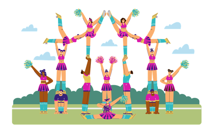 Cheerful sporty girls and boys dressed in costumes dancing on grass with pompoms in hands  Illustration