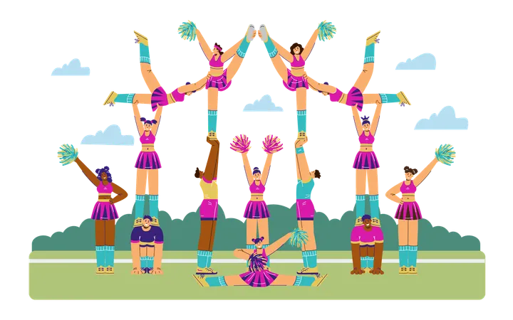 Cheerful sporty girls and boys dressed in costumes dancing on grass with pompoms in hands  Illustration