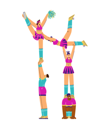 Cheerful sporty girls and boys dressed in costumes doing acrobatic exercises with pompom  Illustration